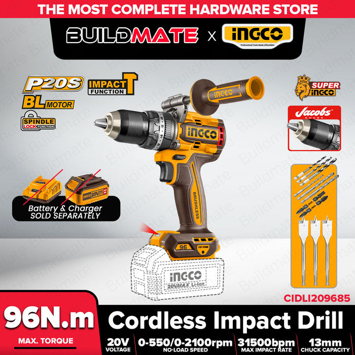 Buildmate x INGCO 20V Brushless Cordless Impact Drill w/ 2 Batteries & Charger for Drilling Tasks CIDLI20968 ICPT