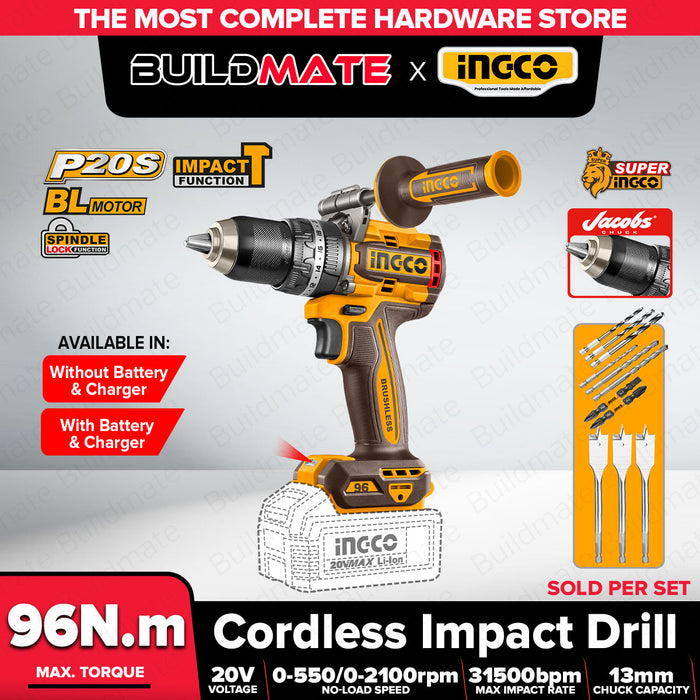 Buildmate x INGCO 20V Brushless Cordless Impact Drill w/ 2 Batteries & Charger for Drilling Tasks CIDLI20968 ICPT
