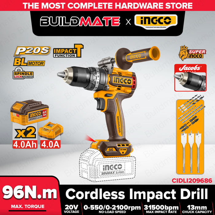 Buildmate x INGCO 20V Brushless Cordless Impact Drill w/ 2 Batteries & Charger for Drilling Tasks CIDLI20968 ICPT