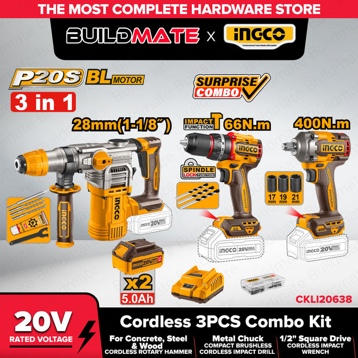 INGCO 3pcs 20V Brushless Cordless Power Tool Combo Kit with Rotary Hammer, Impact Wrench & Drill Driver Tool Set CKLI20638 - ICPT