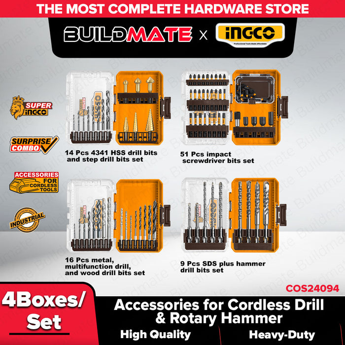INGCO 4pcs Boxes/Set Accessories For Cordless Drill & Rotary Hammer | Power Tool Kit COS24094 - IHT