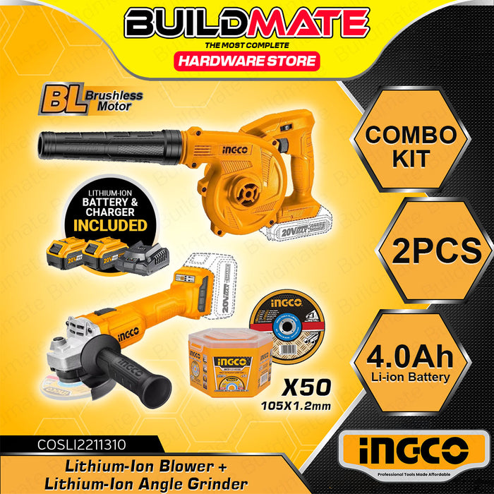 [EXCLUSIVE] BUILDMATE Ingco BRUSHLESS 2PCS/SET Combo Kit 20V Li-Ion Cordless Angle Grinder & Air Blower Variable Speed COSLI2211310 with 2pcs Battery, Charger & 50pcs Cutting Disc INOX for Metal Super Select 2pcs Combo Kit Set • ICPT