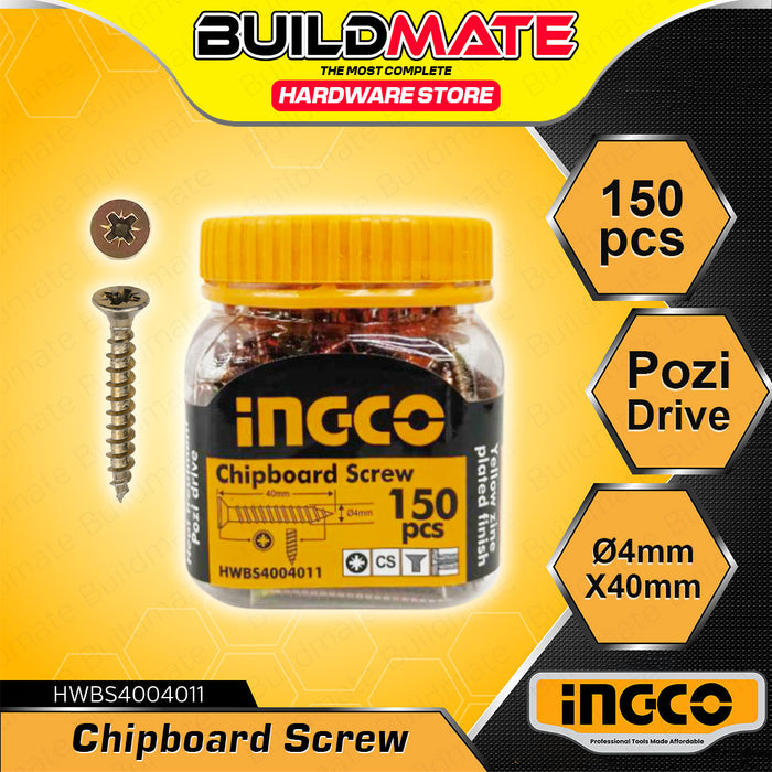 BUILDMATE Ingco Chipboard Screw Yellow Zinc Plated Finish Flat Head Pozi Drive Woodworking Screws SOLD PER BOTTLE - IHT