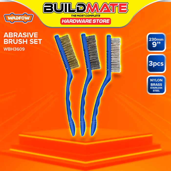 BUILDMATE Wadfow 3pcs Abrasive Brush Set 7" / 9" Abrasive Nylon Brass Steel Bristles Rust Removal Paint Scrubbing Cleaning Polishing Brush Set - WHT