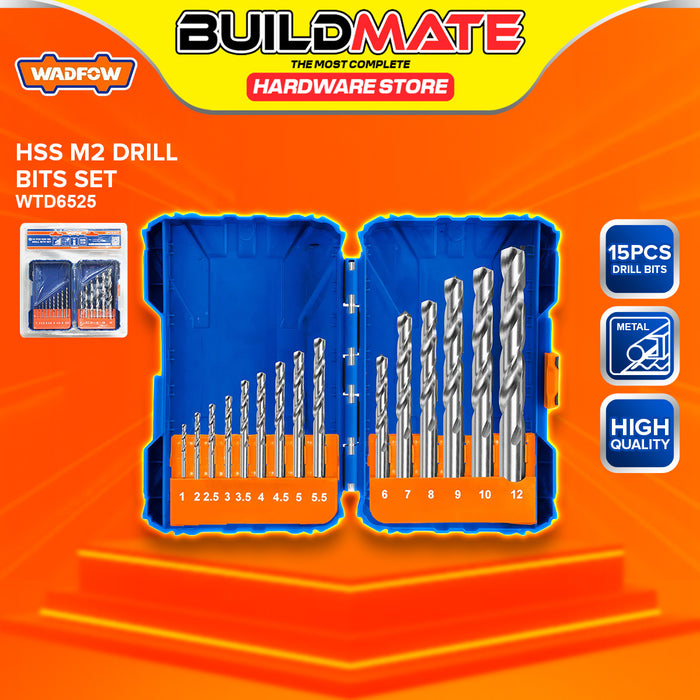 BUILDMATE Wadfow 15pcs HSS / M2 Steel Drill Bits Set 1mm-12mm Metalworking Twist Drill Heavy Duty High-Speed Steel Drilling Set - WHT