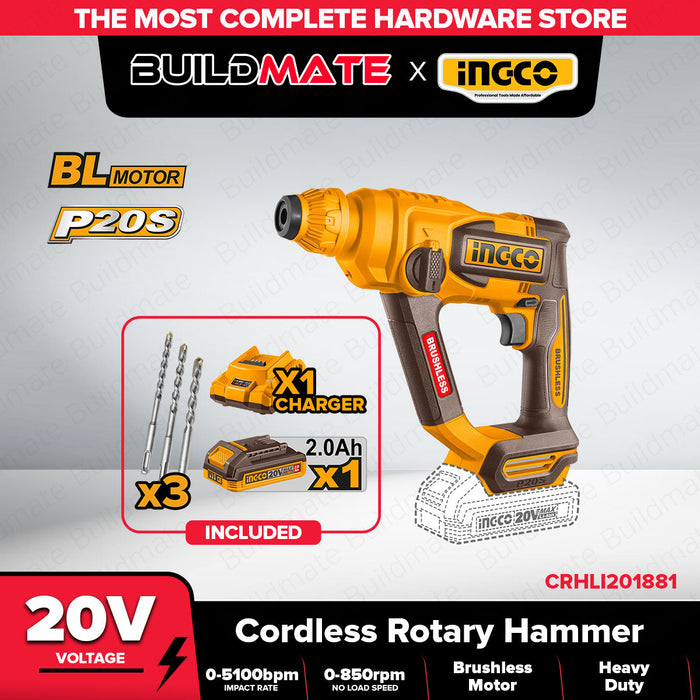 INGCO 20V Cordless Brushless Li-Ion Rotary Hammer Drill (Complete Unit and Bare Tool Only) CRHLI20188 | CRHLI201881 ICPT