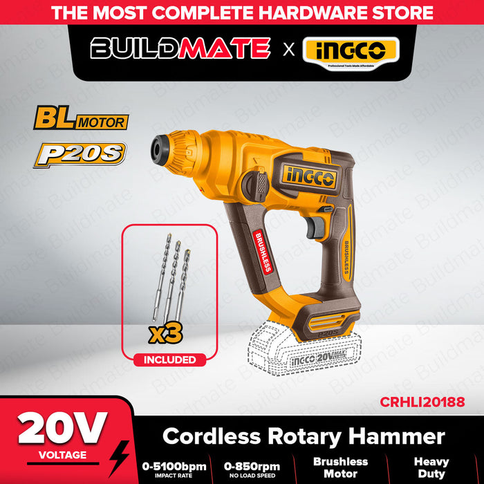 INGCO 20V Cordless Brushless Li-Ion Rotary Hammer Drill (Complete Unit and Bare Tool Only) CRHLI20188 | CRHLI201881 ICPT