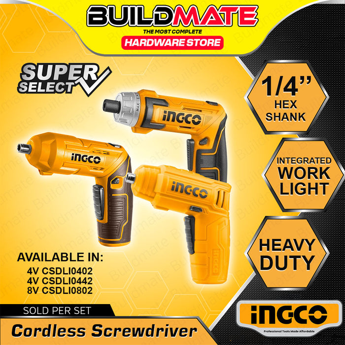 INGCO Lithium-Ion Cordless Screwdriver Set 4V / 8V with Handheld with Led Work Light •BUILDMATE• ICPT