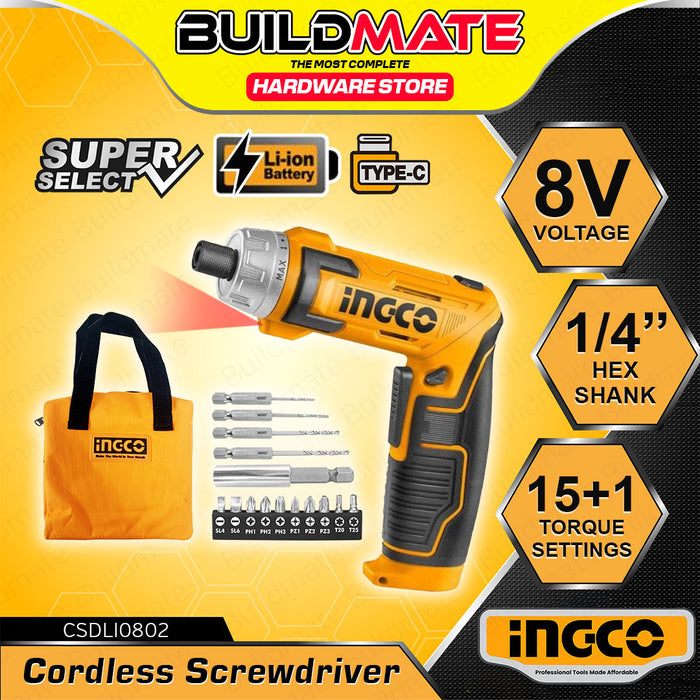 INGCO Lithium-Ion Cordless Screwdriver Set 4V / 8V with Handheld with Led Work Light •BUILDMATE• ICPT