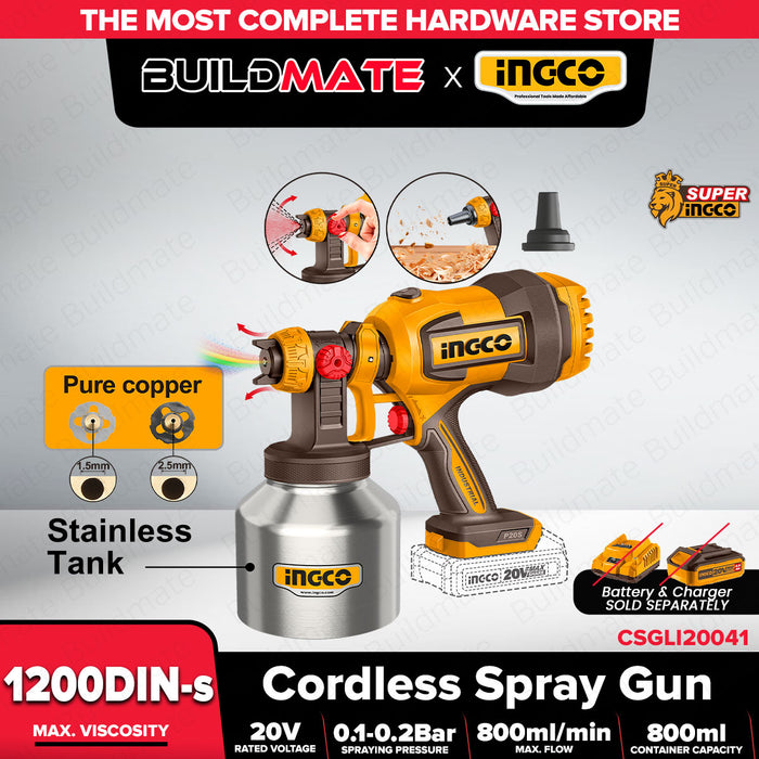 Buildmate x INGCO 20V Cordless Spray Gun 800ml 120DIN-S Paint Sprayer CSGLI20041