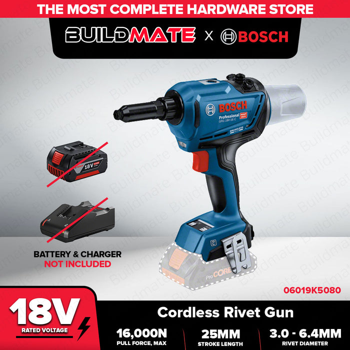 BUILDMATE Bosch Cordless Rivet Gun 18V Riveting Rivet Riveter Tool Brushless Fastener Gun Handheld Riveting Tool Automotive Riveter Cordless Rivet Nut Guns Drill GRG18V-16C 06019K5080 • BLC