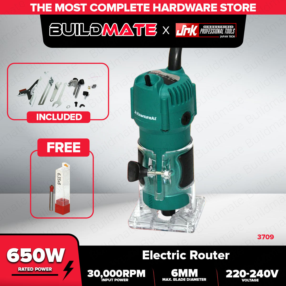 JR KAWASAKI Electric Router Trimmer 650W 3709 + FREE 1 PC ROTARY BIT ...