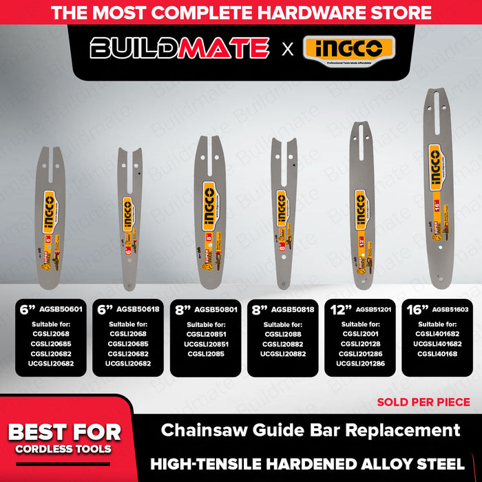 Buildmate x INGCO Chainsaw Guide Bar Replacement 6in/8in/12in/16in Chain Saw Bar AGSB50601 AGSB50618 AGSB50801 AGSB50818 AGSB51201 AGSB51603 IHT