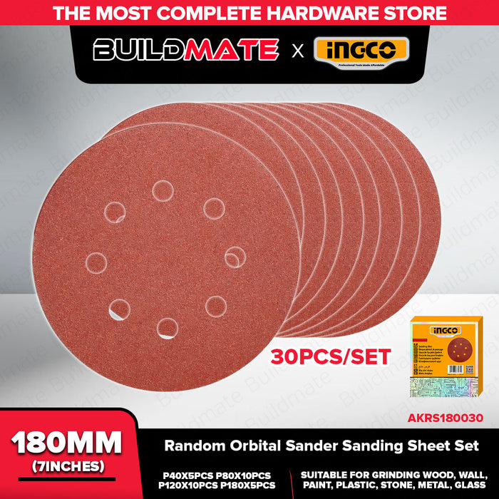 Buildmate x INGCO Random Orbital Sander Sanding Sheet Set 180mm 225mm 30PCS Assorted Grit Sandpaper for Wood Metal Wall Paint AKRS180030 AKRS225030 IHT