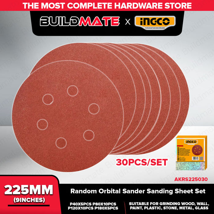 Buildmate x INGCO Random Orbital Sander Sanding Sheet Set 180mm 225mm 30PCS Assorted Grit Sandpaper for Wood Metal Wall Paint AKRS180030 AKRS225030 IHT