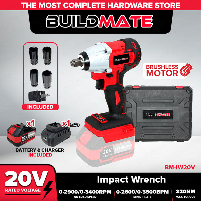 BUILDMATE 20V Brushless Impact Wrench w/ Lithium-ion Battery and Charger | Extra Battery 4.0Ah for Cordless Impact Wrench - BM-IW20V BM-4.0AH