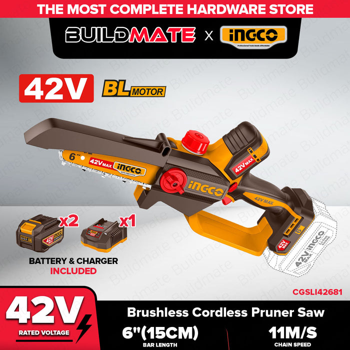 Buildmate x INGCO 42V Cordless Brushless Pruner Saw 6" Mini Chainsaw Electric Chain Saw Kit CGSLI42681 IPT