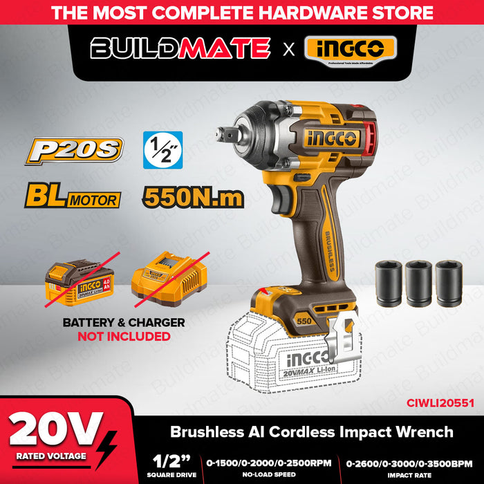 Buildmate x INGCO SOLO &amp; KIT W/ Battery 20V Brushless AI Cordless Impact Wrench 1/2in 550Nm Heavy Duty CIWLI2055 CIWLI20551 IPT
