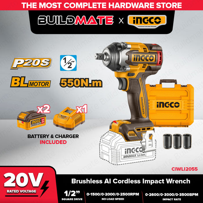 Buildmate x INGCO SOLO &amp; KIT W/ Battery 20V Brushless AI Cordless Impact Wrench 1/2in 550Nm Heavy Duty CIWLI2055 CIWLI20551 IPT