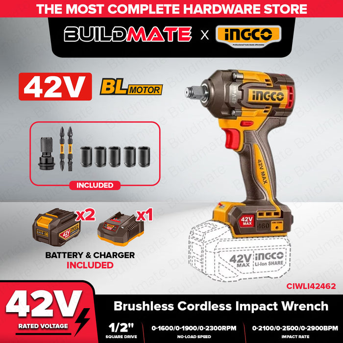 Buildmate x INGCO 42V Brushless Cordless Impact Wrench 1/2in 460Nm Heavy Duty Power Tool Kit CIWLI42462 IPT