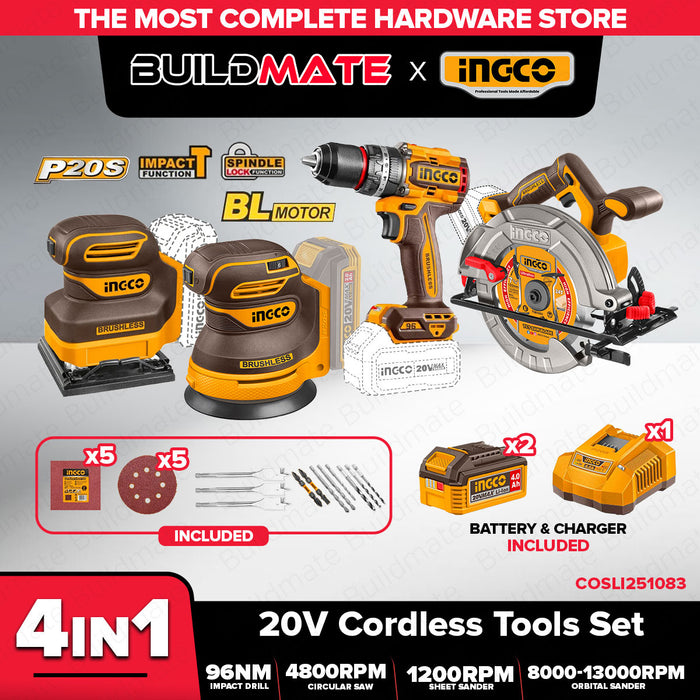 Buildmate x INGCO 20V 4 PCS COMBO KIT Drill Saw Sander Set w/ 2 Battery COSLI251083 IPT