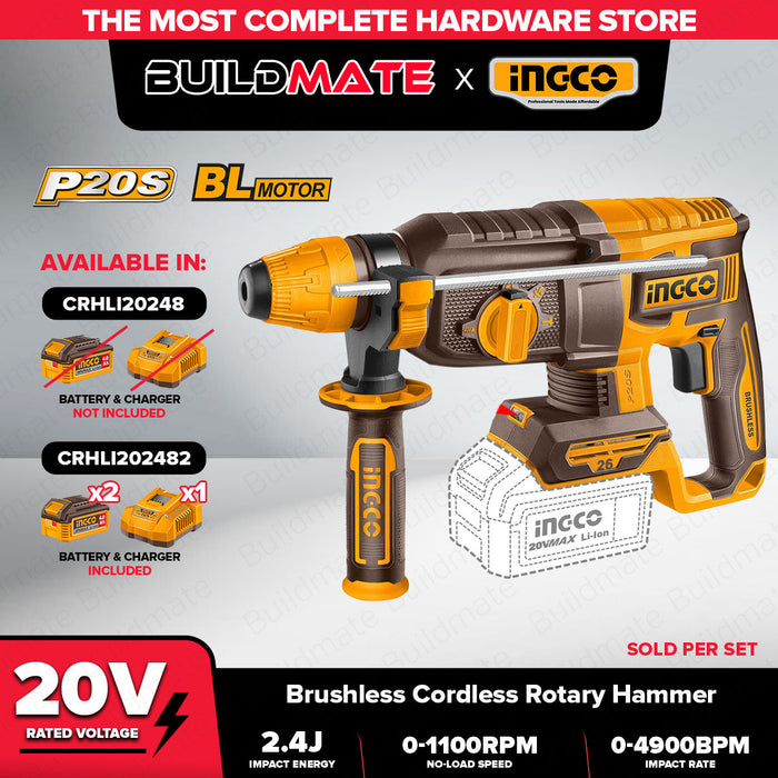 Buildmate x INGCO SOLO & KIT W/ Battery 20V Brushless Cordless Rotary Hammer 24MM SDS Plus Concrete Drill CRHLI20248 CRHLI202482 IPT