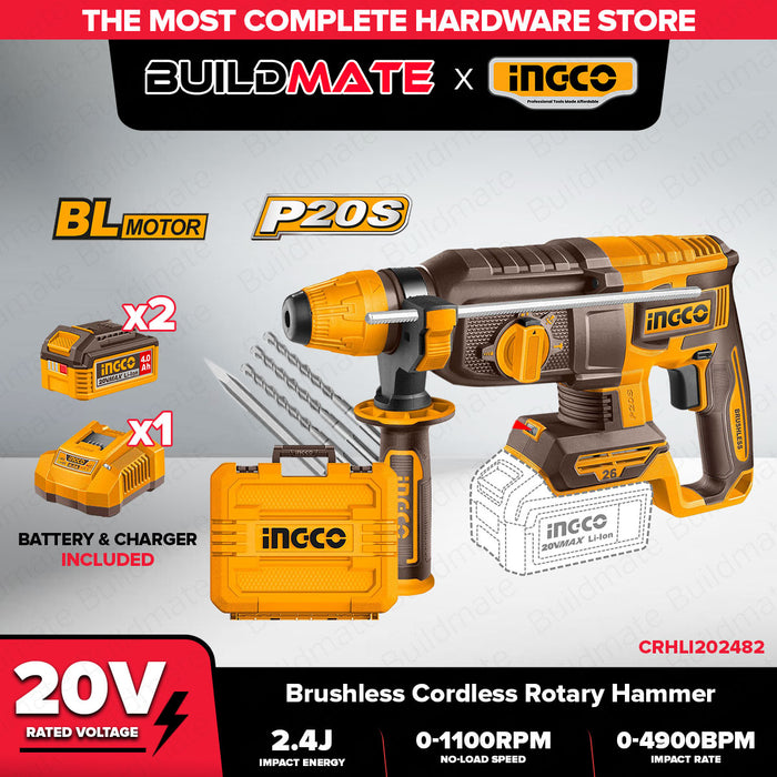 Buildmate x INGCO SOLO & KIT W/ Battery 20V Brushless Cordless Rotary Hammer 24MM SDS Plus Concrete Drill CRHLI20248 CRHLI202482 IPT