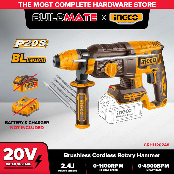 Buildmate x INGCO SOLO & KIT W/ Battery 20V Brushless Cordless Rotary Hammer 24MM SDS Plus Concrete Drill CRHLI20248 CRHLI202482 IPT