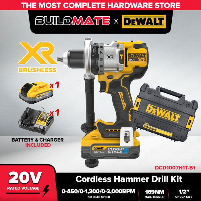 Buildmate x DEWALT KIT 20V 1530W Max Brushless 1/2IN 3-Speed Cordless Hammer Drill/Driver w/Powerstack Battery & Charger 169Nm DCD1007H1T-B1