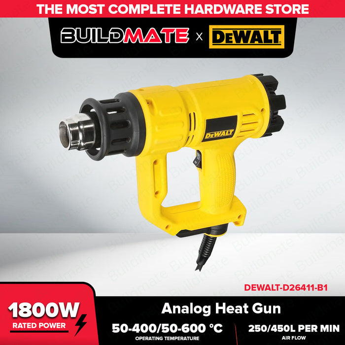 BUILDMATE x DEWALT 1800W Analog Heat Gun | 50–600°C, 250/450 L/min, Includes Cone & Fishtail Nozzles D26411-B1