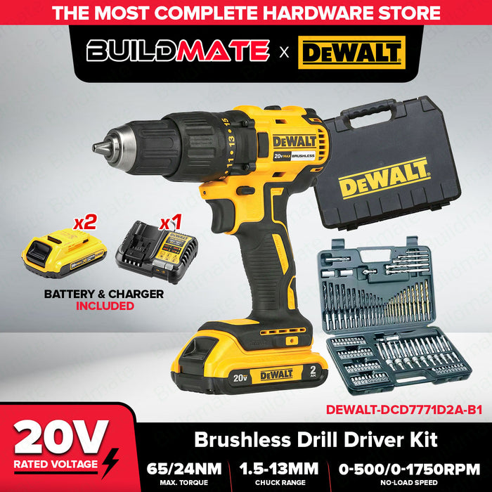 BUILDMATE x DEWALT 20V BL Drill Driver Kit | 13mm Chuck, 65Nm Torque, 2.0Ah Battery + Accessory DCD7771D2A-B1