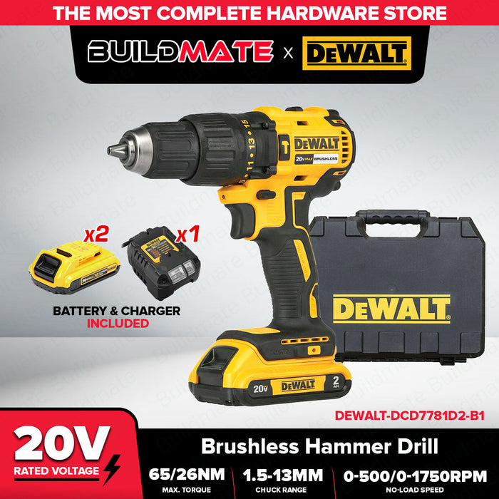 DEWALT 20V Brushless Hammer Drill Driver Kit | LED | 65Nm |  DCD7781D2-B1