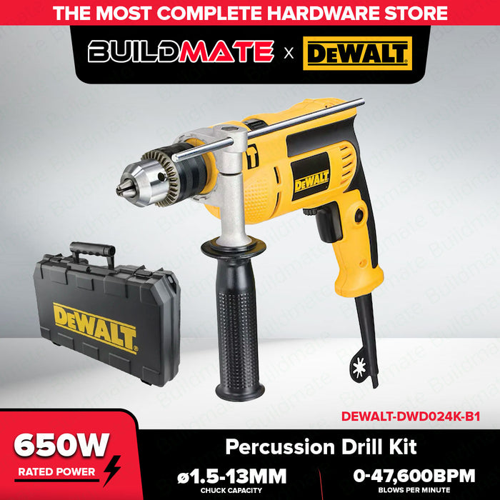BUILDMATE x DEWALT 650W 13mm Percussion Drill Kit | 47,600 BPM, Variable Speed, Hard Case + Bits DWD024K-B1