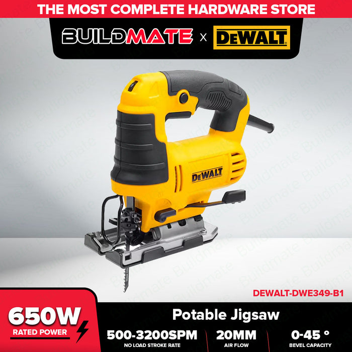 BUILDMATE x DEWALT 650W Portable Jigsaw | 500–3200 SPM, 20mm Stroke, 45° Bevel, 85mm Wood Cut DWE349-B1