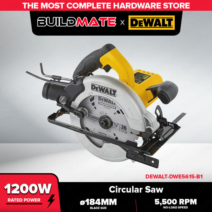 BUILDMATE x DEWALT 1200W 184mm Circular Saw | 5,500 RPM, 65mm Cut Depth, Steel Base  DWE5615-B1