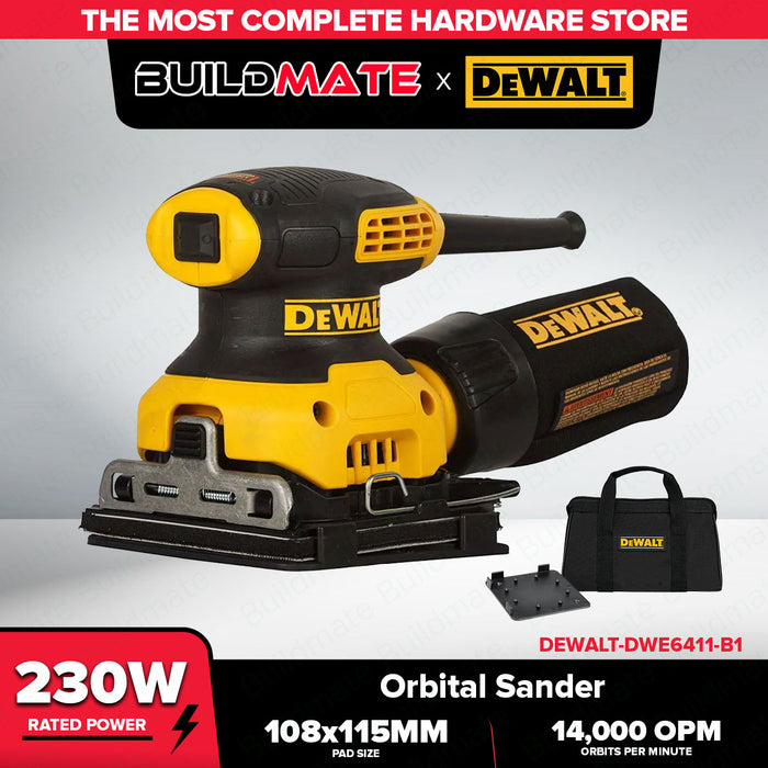 BUILDMATE x DEWALT 230W 1/4 Sheet Orbital Sander | 14,000 OPM, 1.6mm Orbit, Dust Bag DWE6411-B1