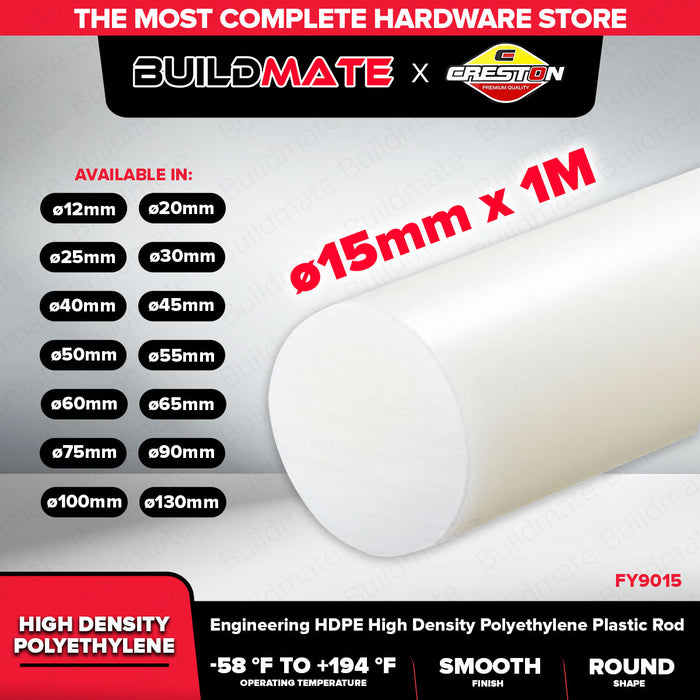 BUILDMATE Creston 15MM x 1Meter Engineering HDPE High Density Polyethylene Plastic Rod Round Stick FY9015