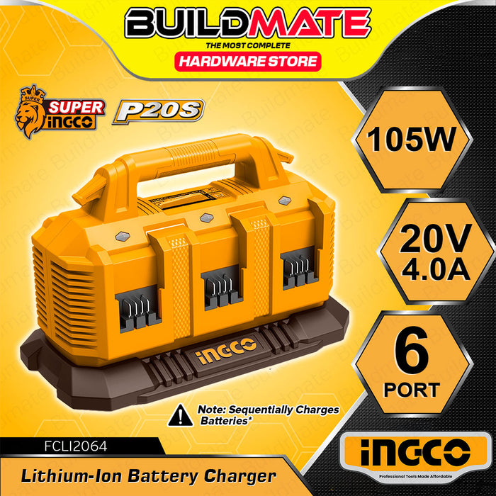 BUILDMATE Ingco PS20S 6-Port Lithium-Ion Cordless Battery Charger 20V Cordless Tool Fast Charging Station FCLI2064 - ICPT