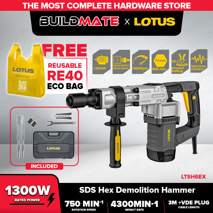 BUILDMATE Lotus Professional SDS Hex Demolition Hammer 1300W / 1050W Concrete Breaker Demolition Drill Jackhammer LTSH6EX / LTSH5X - LPT