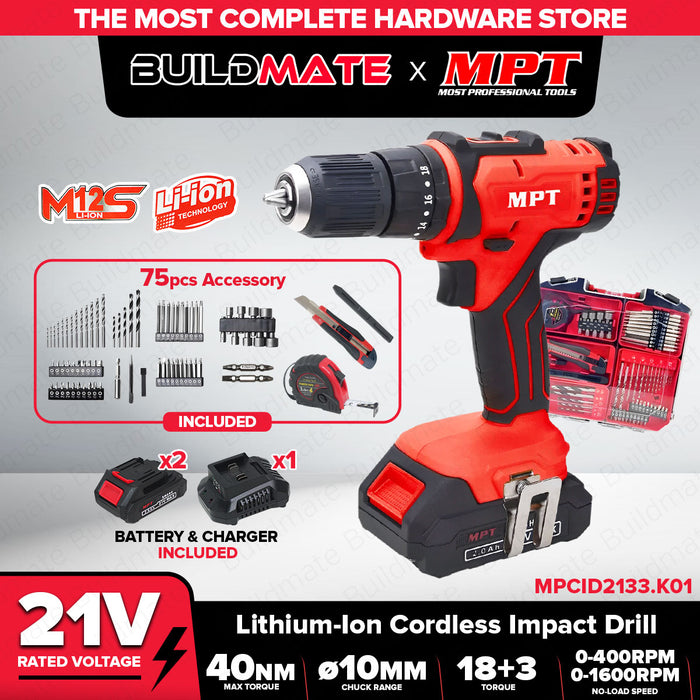 MPT 21V Li-Ion Cordless Impact Drill And Tools Set (2pcs 2.0 MAH Battery Included) MPCID2133.K01 CL • MOST PROFESSIONAL TOOLS •