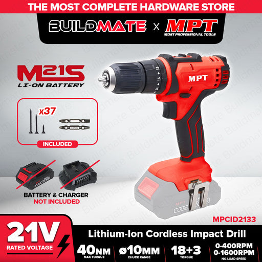 MPT 21V Li-Ion Cordless Impact Drill (Unit Only and with Battery) CL • MOST PROFESSIONAL TOOLS •