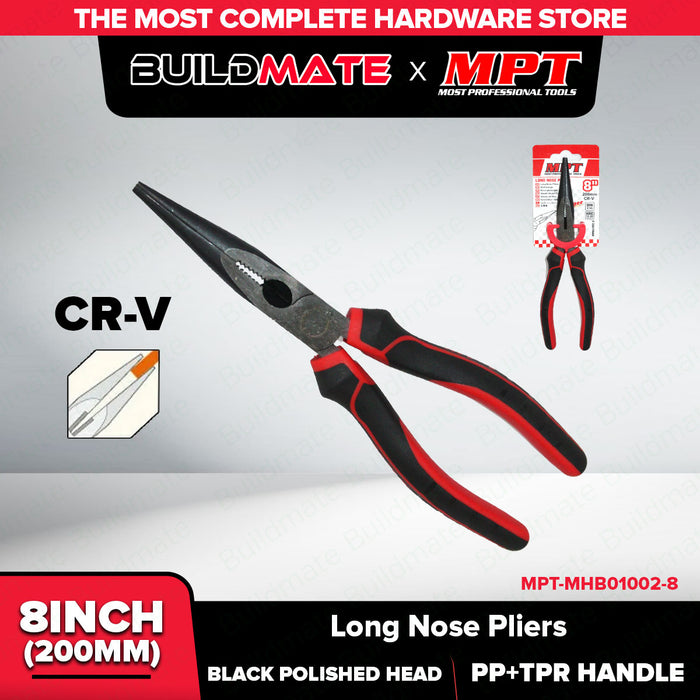 Buildmate x MPT Long Nose Plier 8" Chrome Vanadium Black Polished Head Heavy Duty Hand Tool MHB01002