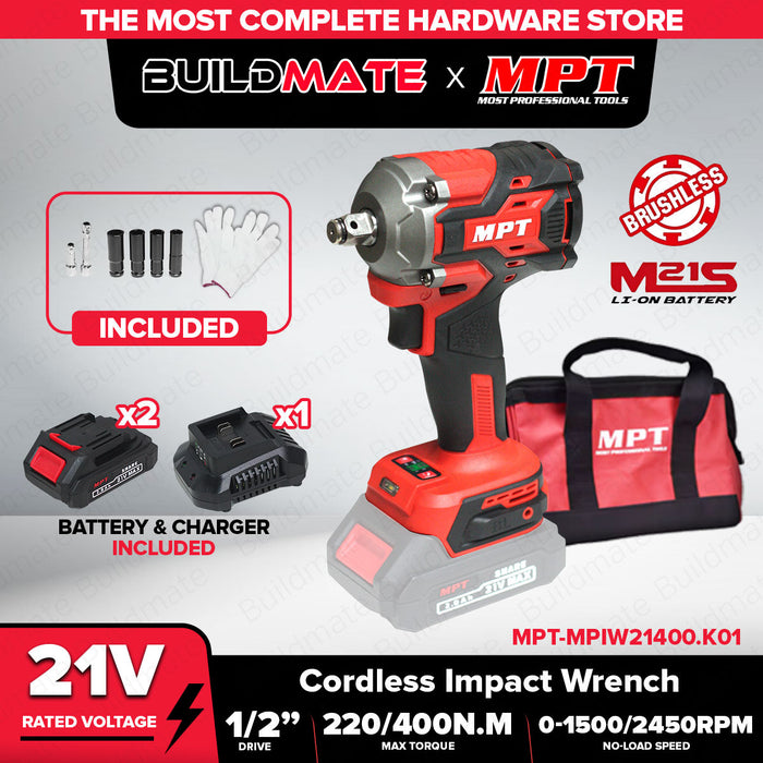 MPT 21V 400Nm-800Nm Brushless Motor Cordless Impact Wrench w/ Battery & Charger Heavy Duty Lug Nut Remover Power Tool For Car & Home Use - CL • MOST PROFESSIONAL TOOLS •