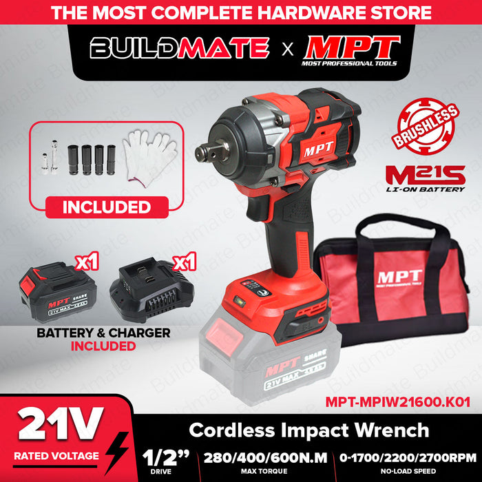 MPT 21V 400Nm-800Nm Brushless Motor Cordless Impact Wrench w/ Battery & Charger Heavy Duty Lug Nut Remover Power Tool For Car & Home Use - CL • MOST PROFESSIONAL TOOLS •