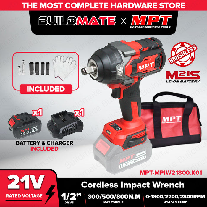 MPT 21V 400Nm-800Nm Brushless Motor Cordless Impact Wrench w/ Battery & Charger Heavy Duty Lug Nut Remover Power Tool For Car & Home Use - CL • MOST PROFESSIONAL TOOLS •