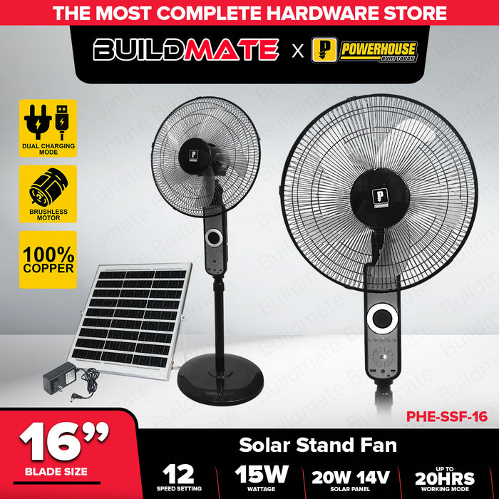 PowerHouse Electric Solar Stand Fan 16" w/ USB Charging Port, Emergency Light & Bluetooth Speaker  PHE-SSF-16  PHE