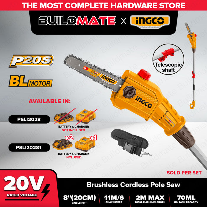 Buildmate x INGCO SOLO & KIT W/ Battery 20V Brushless Cordless Pole Saw 8in Electric Chainsaw Tree Pruner PSLI2028 PSLI20281 IPT