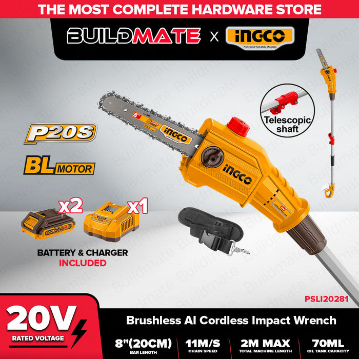 Buildmate x INGCO SOLO & KIT W/ Battery 20V Brushless Cordless Pole Saw 8in Electric Chainsaw Tree Pruner PSLI2028 PSLI20281 IPT