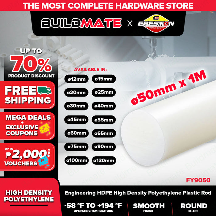 BUILDMATE Creston 50MM x 1Meter Engineering HDPE High Density Polyethylene Plastic Rod Round Stick FY9050