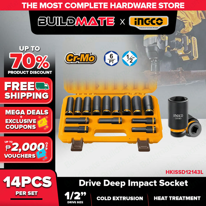 Buildmate x INGCO 14PCS 1/2in Drive Deep Impact Socket Set 10-27mm Cr-Mo Heavy Duty Impact Wrench Sockets HKISSD12143L IHT